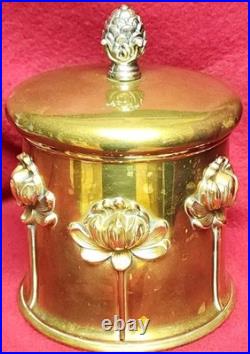 Antique Art Nouveau Humidor Brass Raised Relief Lotus Flowers Surrounding Piece