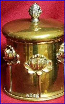 Antique Art Nouveau Humidor Brass Raised Relief Lotus Flowers Surrounding Piece