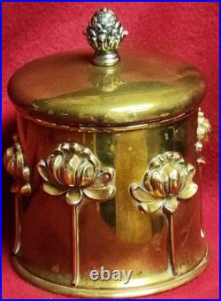 Antique Art Nouveau Humidor Brass Raised Relief Lotus Flowers Surrounding Piece