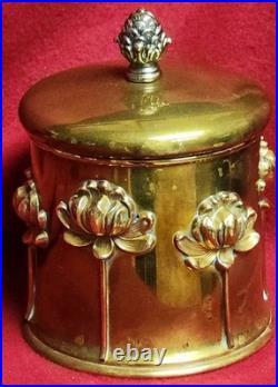 Antique Art Nouveau Humidor Brass Raised Relief Lotus Flowers Surrounding Piece