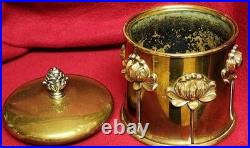 Antique Art Nouveau Humidor Brass Raised Relief Lotus Flowers Surrounding Piece