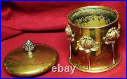 Antique Art Nouveau Humidor Brass Raised Relief Lotus Flowers Surrounding Piece