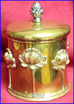 Antique Art Nouveau Humidor Brass Raised Relief Lotus Flowers Surrounding Piece