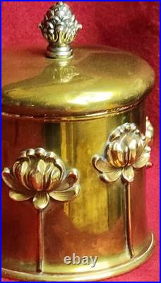 Antique Art Nouveau Humidor Brass Raised Relief Lotus Flowers Surrounding Piece
