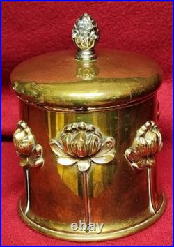 Antique Art Nouveau Humidor Brass Raised Relief Lotus Flowers Surrounding Piece