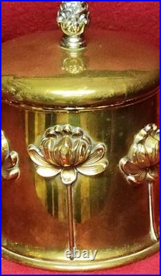 Antique Art Nouveau Humidor Brass Raised Relief Lotus Flowers Surrounding Piece