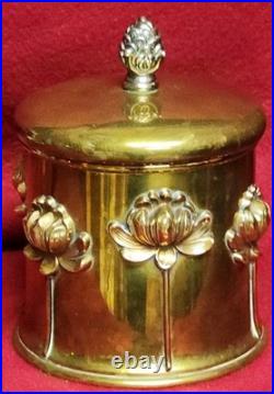 Antique Art Nouveau Humidor Brass Raised Relief Lotus Flowers Surrounding Piece