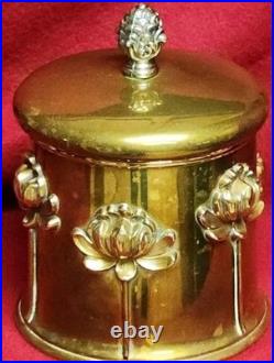 Antique Art Nouveau Humidor Brass Raised Relief Lotus Flowers Surrounding Piece