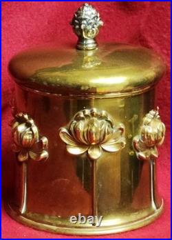 Antique Art Nouveau Humidor Brass Raised Relief Lotus Flowers Surrounding Piece