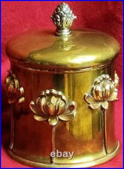Antique Art Nouveau Humidor Brass Raised Relief Lotus Flowers Surrounding Piece