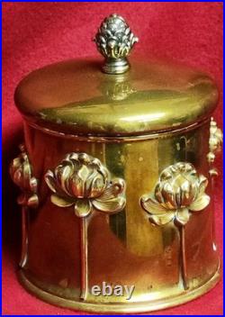 Antique Art Nouveau Humidor Brass Raised Relief Lotus Flowers Surrounding Piece
