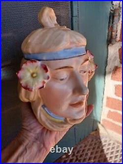 Antique Art Nouveau Majolica Style Lady Head Porcelain Humidor Tobacco Jar