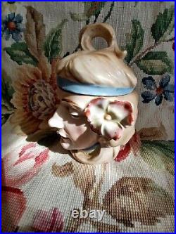 Antique Art Nouveau Majolica Style Lady Head Porcelain Humidor Tobacco Jar