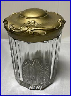 Antique Art Nouveau Paneled Crystal Glass Tobacco Cigar Humidor Jar Gold Lid