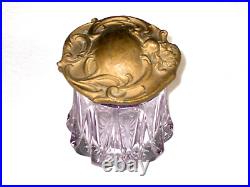 Antique Art Nouveau Paneled Purple Crystal Glass Tobacco Cigar Humidor Jar Gold