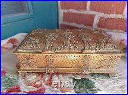 Antique Art Nouveau Sgd Brass Bird Medieval Repousse Tobacco Cigar Humidor Box