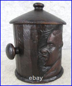 Antique Arts Crafts Mission Carved Wood MAN Pipe Tobacco Smoking Humidor