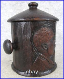 Antique Arts Crafts Mission Carved Wood MAN Pipe Tobacco Smoking Humidor