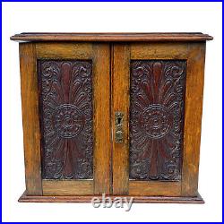 Antique Arts & Crafts Oak Carved Tobacco Humidor Cabinet with Pipe Holder