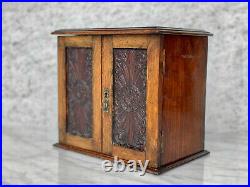 Antique Arts & Crafts Oak Carved Tobacco Humidor Cabinet with Pipe Holder