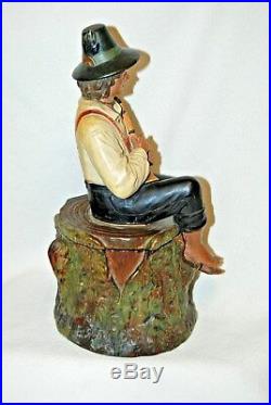 Antique BERNARD BLOCH Terracotta Tobacco Humidor Jar Seated Man with Horn Figural