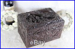 Antique BLACK FOREST wood hand carved Dragon religious humidor cigar cave box