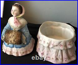 Antique Bisque Humidor Trinket Box Victorian Lady Muff 9 in