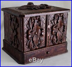 Antique Black Forest Carved Wood Cigar Chest withDrawer Holds 42 Cigars 19th c