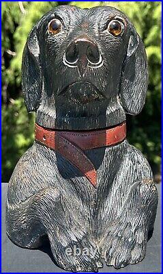 Antique Black Forest Hand Carved Dog Humidor With Glass Eyes Dachshund Lab