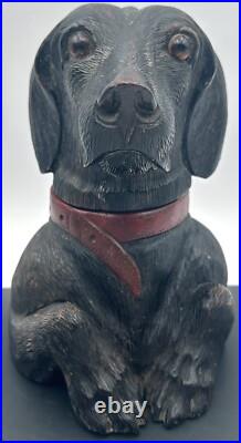 Antique Black Forest Hand Carved Dog Humidor With Glass Eyes Dachshund Lab
