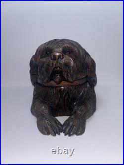Antique Black Forest Hand Carved Dog Tobacco Jar Humidor