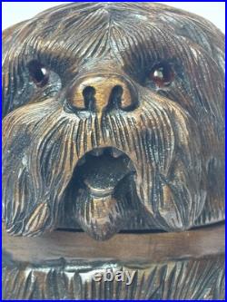 Antique Black Forest Hand Carved Dog Tobacco Jar Humidor