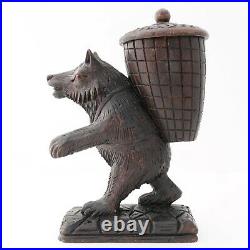 Antique Black Forest Style Carved Bear Pipe Holder Stand Tobacco Humidor Jar