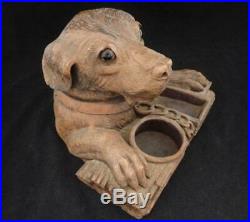 Antique Black Forest Wooden Humidor Figural Dog / Retriever Glass Eyes