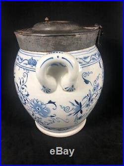 Antique Blue & White Porcelain Tobacco Jar With Hinged Tin Lid Humidor (19)