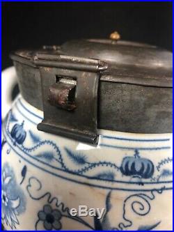 Antique Blue & White Porcelain Tobacco Jar With Hinged Tin Lid Humidor (19)