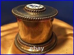 Antique Brass Humidor with Jasperware Plaque in Lid Leather Lined