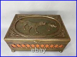 Antique Brass Wood Tobacco Humidor Cigar Box Footed Irish Setter Hunting Dog Lid