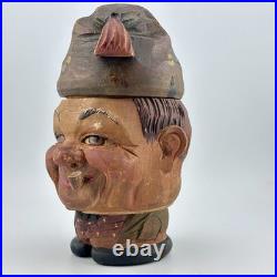 Antique Brienz Black Forest carved smoker tobacco jar humidor with pipe 6? 1900s