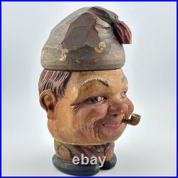 Antique Brienz Black Forest carved smoker tobacco jar humidor with pipe 6? 1900s