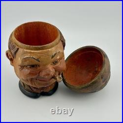 Antique Brienz Black Forest carved smoker tobacco jar humidor with pipe 6? 1900s