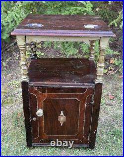 Antique Carved Wood Humidor Smoking Cabinet Stand 2 Tier Copper Lined Shabby