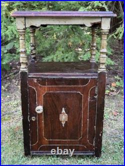 Antique Carved Wood Humidor Smoking Cabinet Stand 2 Tier Copper Lined Shabby