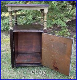 Antique Carved Wood Humidor Smoking Cabinet Stand 2 Tier Copper Lined Shabby