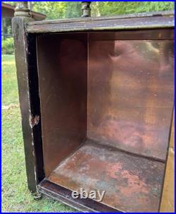 Antique Carved Wood Humidor Smoking Cabinet Stand 2 Tier Copper Lined Shabby