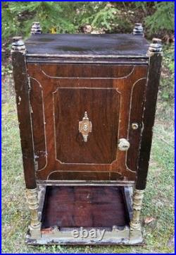 Antique Carved Wood Humidor Smoking Cabinet Stand 2 Tier Copper Lined Shabby