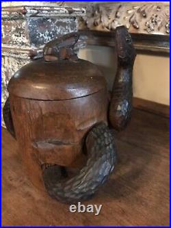 Antique Carved Wood Skull With Snake & Frog Tobacco Jar Humidor