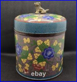 Antique Chinese Cloisonne Humidor Tobacco Canister Tea Caddy Foo Dog Finial