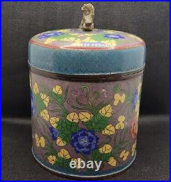 Antique Chinese Cloisonne Humidor Tobacco Canister Tea Caddy Foo Dog Finial