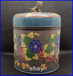 Antique Chinese Cloisonne Humidor Tobacco Canister Tea Caddy Foo Dog Finial